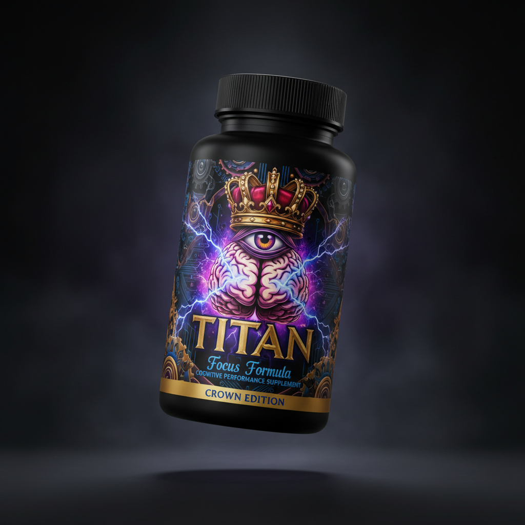 TITAN Focus Formula supplement bottle with brain, lightning bolt and crown tattoo-style Crown Edition artwork in electric purple, blue and gold