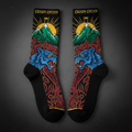 TITAN Crown Edition Tattoo Art Cushioned Hiking Socks - bold colorful tattoo artwork on matte black fabric