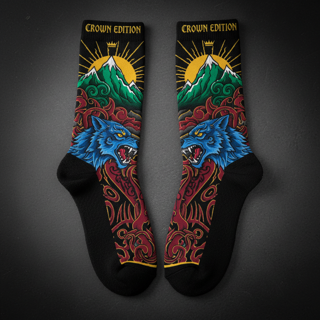 TITAN Crown Edition Tattoo Art Cushioned Hiking Socks - bold colorful tattoo artwork on matte black fabric