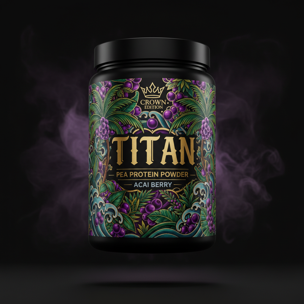 TITAN Pea Protein Powder — Acai Berry, Crown Edition tattoo-style artwork