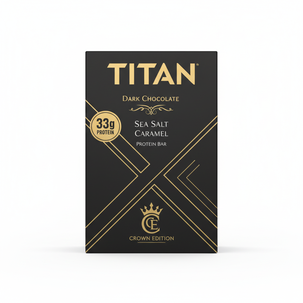 TITAN Dark Chocolate Sea Salt Caramel Protein Bar Crown Edition packaging