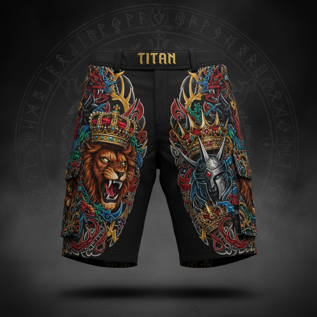 TITAN Men's Cargo Shorts - Crown Edition tattoo-style artwork