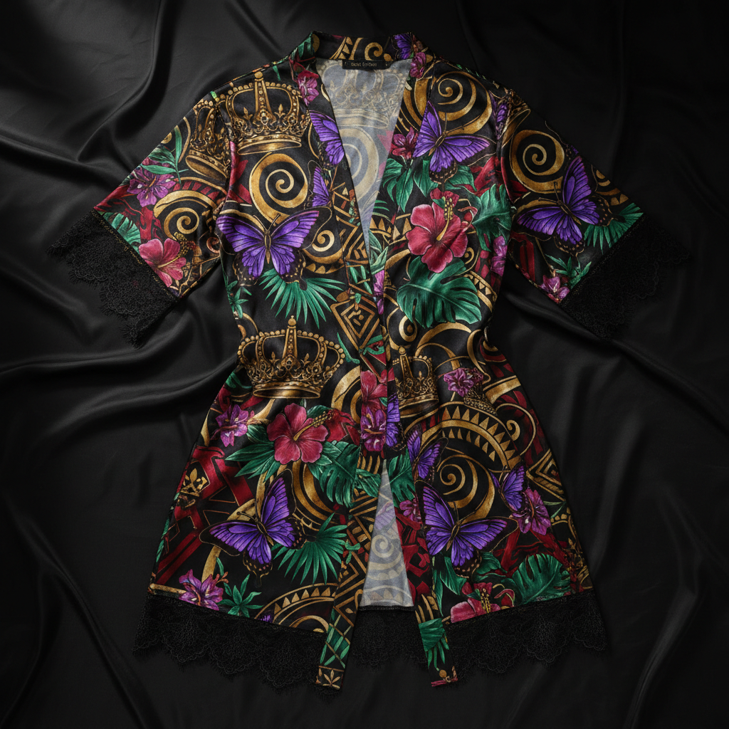 TITAN Crown Edition Tattoo Art Women's Lounge Short Robe - bold butterfly tropics tattoo artwork on matte black satin