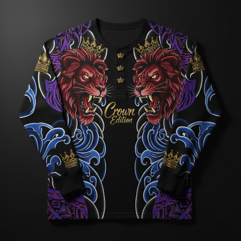 TITAN Crown Edition Tattoo Art Men's Lounge Thermal Henley - bold lion wave tattoo artwork on matte black waffle knit