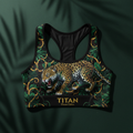 TITAN Elite Sports Bra Black & Gold — Crown Edition jaguar jungle vines tattoo overhead flat lay