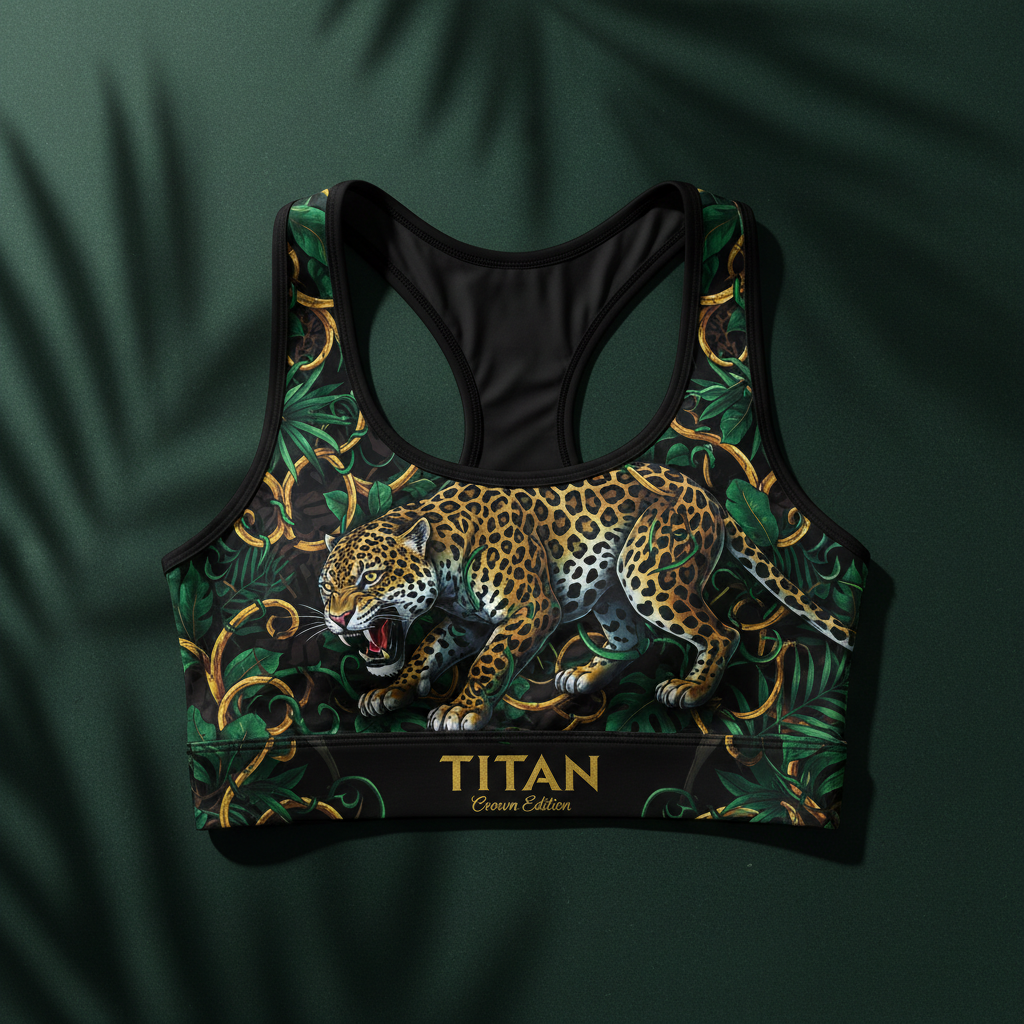 TITAN Elite Sports Bra Black & Gold — Crown Edition jaguar jungle vines tattoo overhead flat lay