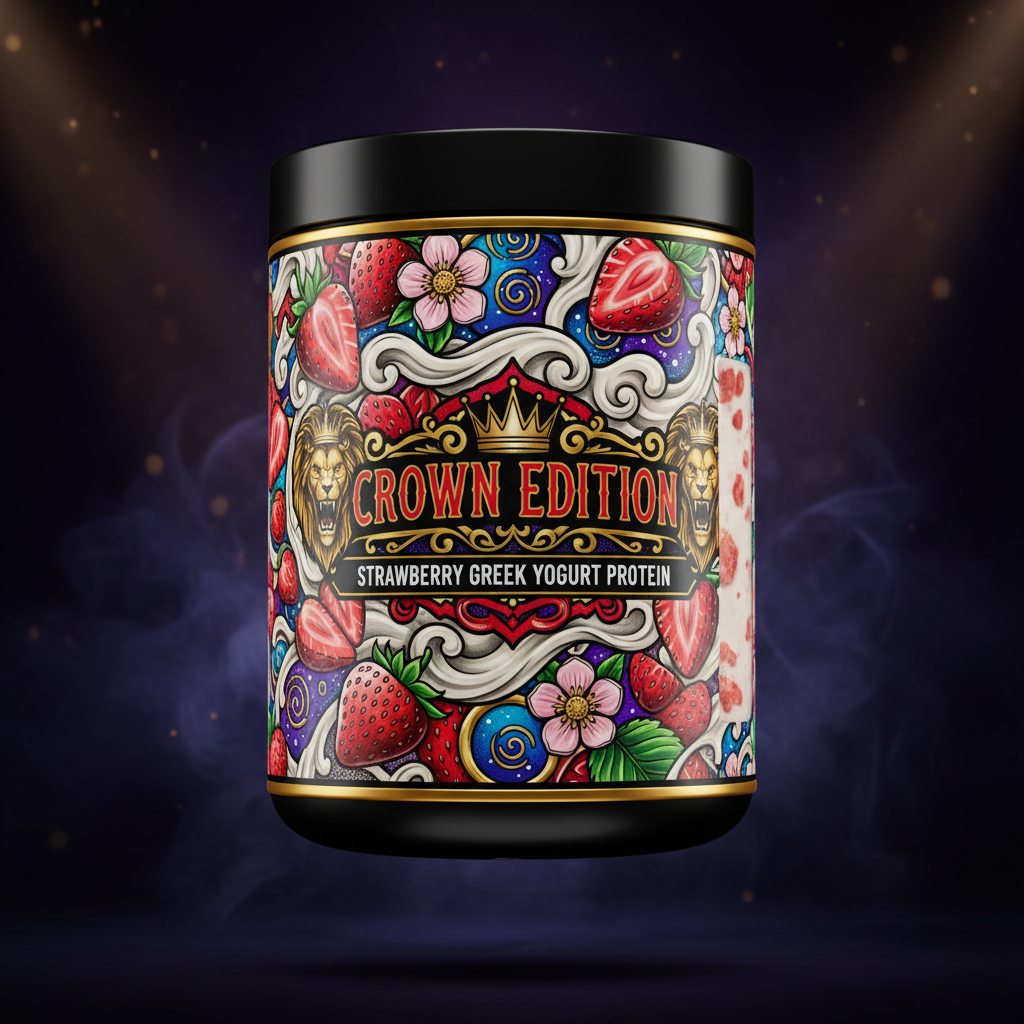 TITAN Greek Yogurt Protein Powder Strawberry — Crown Edition bold tattoo-style artwork