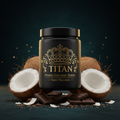 TITAN Protein Coconut Butter – Dark Chocolate, matte black jar with gold crown tattoo artwork, coconut halves and dark chocolate shards