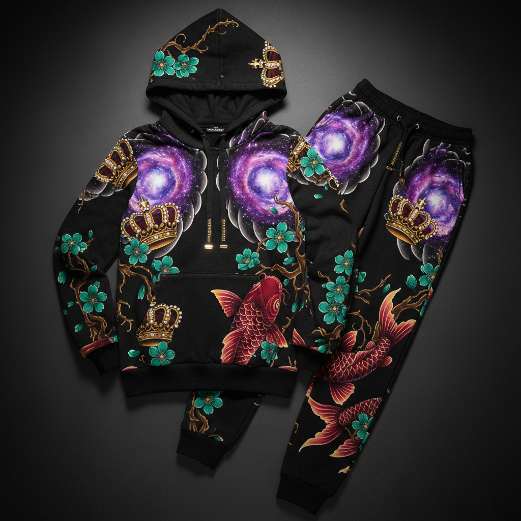 TITAN Crown Edition Tattoo Art Women's Lounge Jogger Set - bold galaxy blossom tattoo artwork on matte black fleece