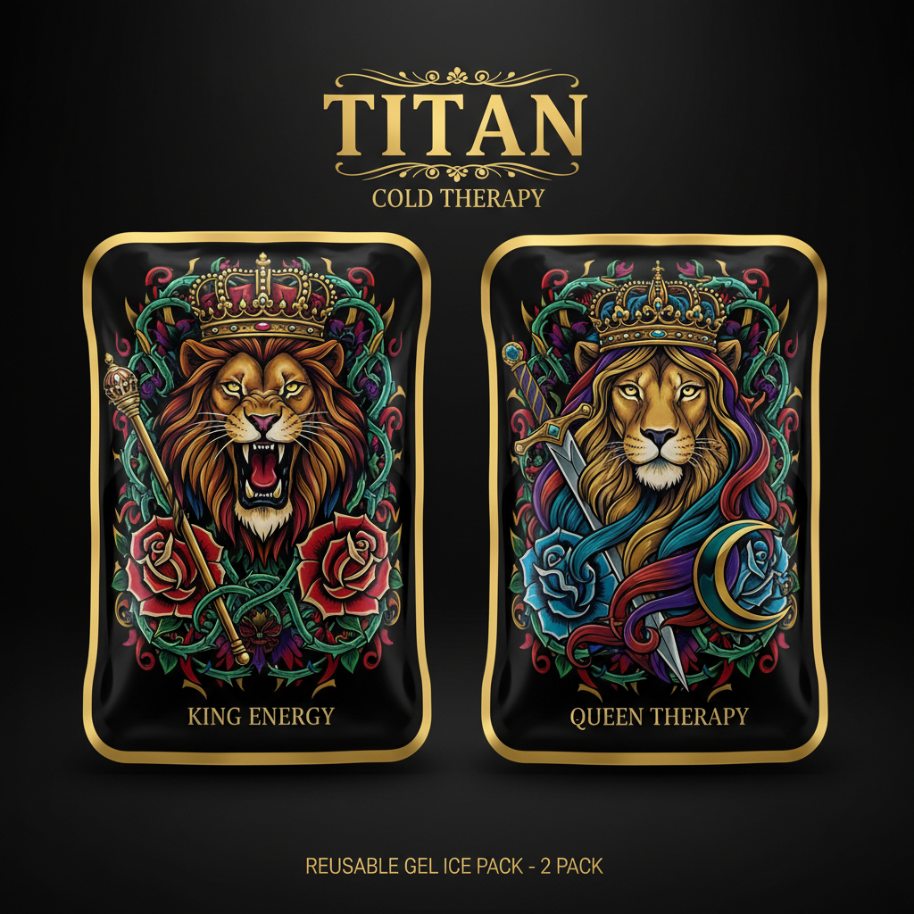 TITAN Ice Pack Reusable Gel Cold Therapy 2-Pack with bold tattoo-style Crown Edition artwork