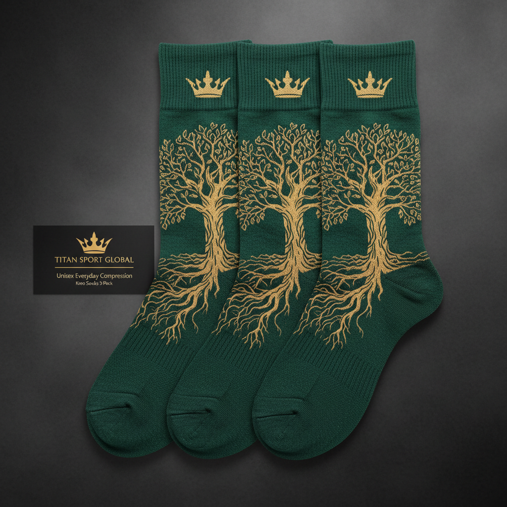 TITAN Unisex Everyday Compression Knee Socks Forest Green Tree of Life Crown Edition 3-Pack flat lay