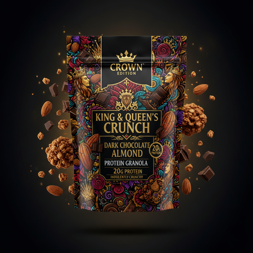 TITAN High-Protein Granola Dark Chocolate Almond — Crown Edition bold tattoo-style artwork