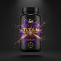 TITAN Agmatine Sulfate Pump Formula black glass bottle with 24K gold accents and explosive muscle fiber burst artwork in royal purple, magenta and gold