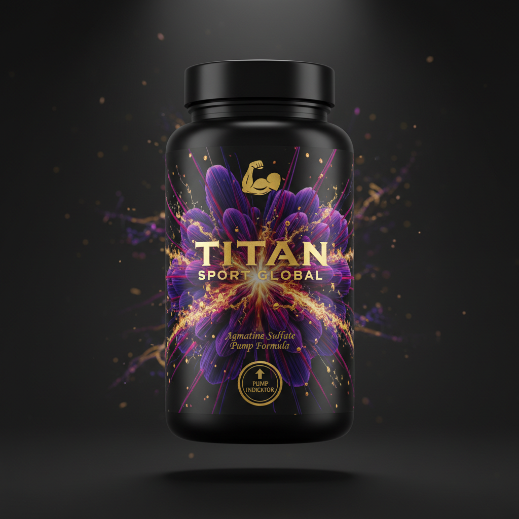 TITAN Agmatine Sulfate Pump Formula black glass bottle with 24K gold accents and explosive muscle fiber burst artwork in royal purple, magenta and gold