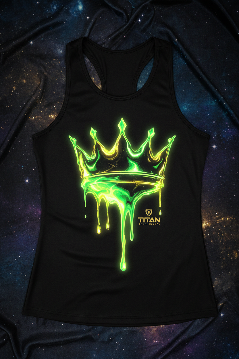 TITAN Women's Neon Drip Crown Tank Top flat lay Electric SWAG Edition