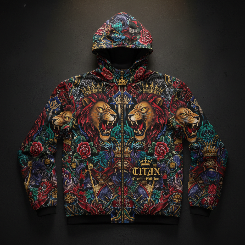 TITAN Crown Edition Windbreaker — tattoo-style flat lay
