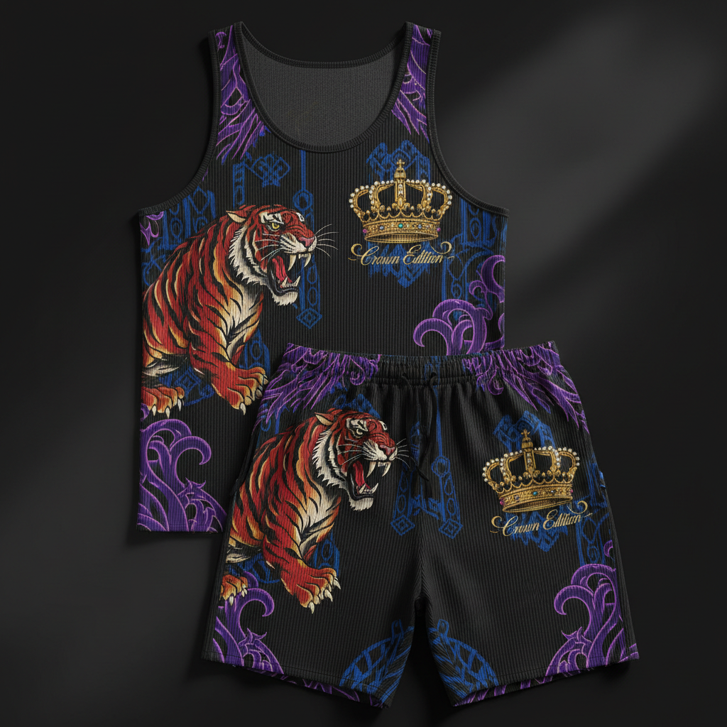 TITAN Crown Edition Tattoo Art Men's Lounge Ribbed Set - bold tiger wave tattoo artwork on matte black ribbed fabric