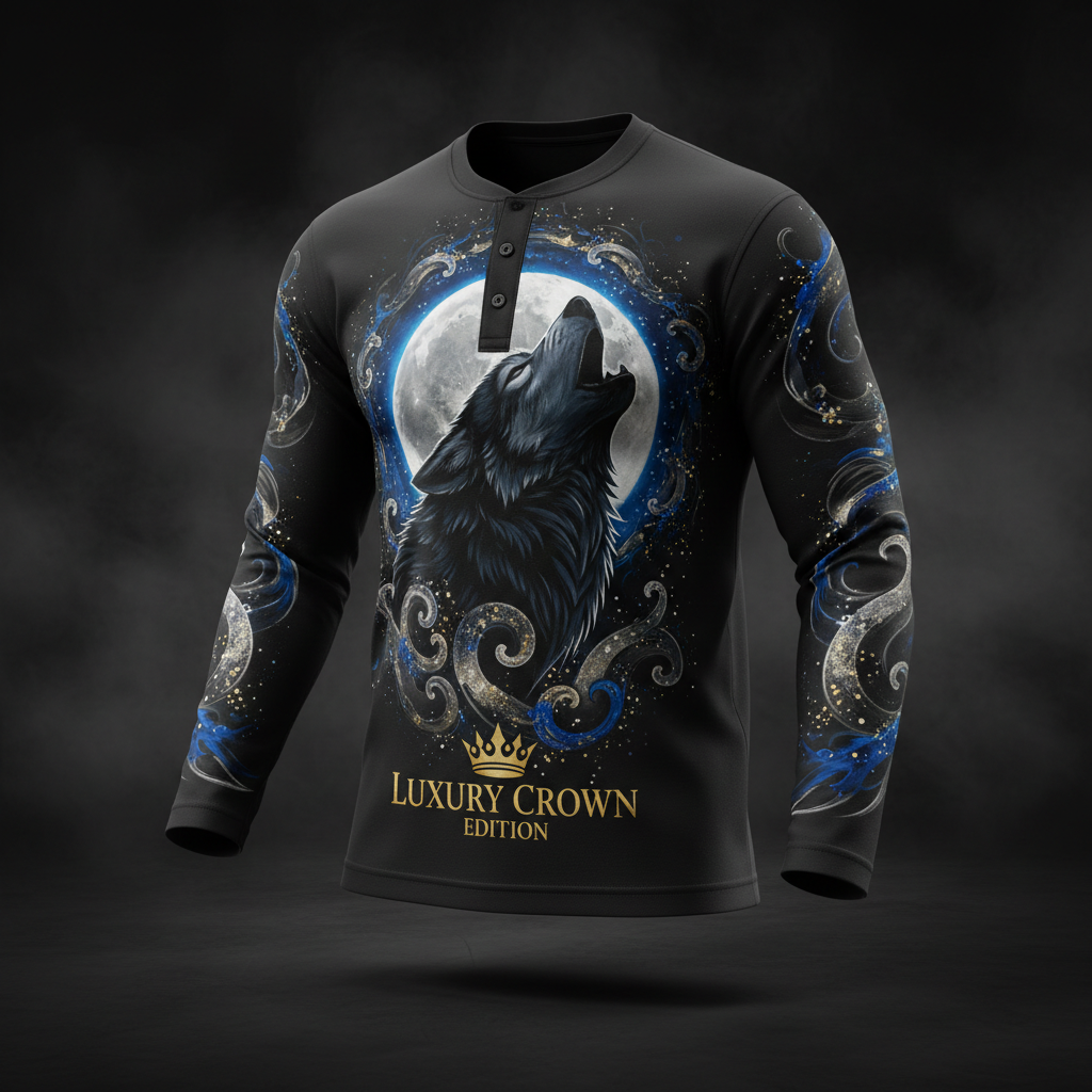 TITAN Men's Wolf Moon Henley Long Sleeve Crown Edition — bold tattoo-style wolf moon artwork