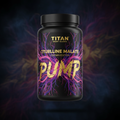 TITAN Citrulline Malate supplement bottle with Crown Edition matte black and gold packaging featuring glowing vascular network artwork in purple and magenta