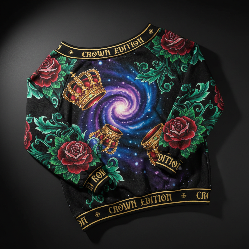 TITAN Crown Edition Tattoo Art Women's Off-Shoulder Lounge Sweatshirt - bold colorful tattoo artwork on matte black fleece
