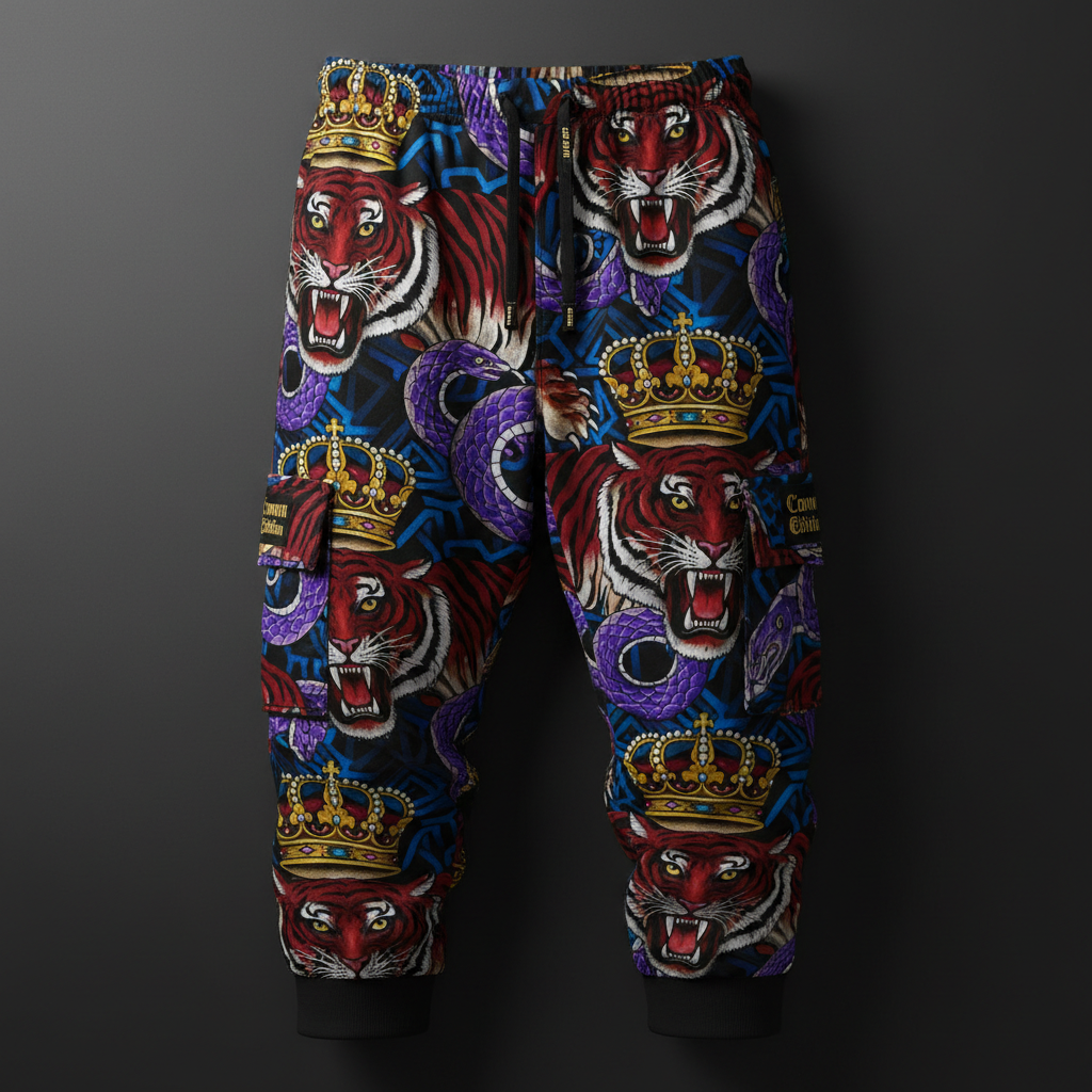 TITAN Crown Edition Tattoo Art Men's Lounge Cargo Joggers - bold colorful tattoo artwork on matte black fabric