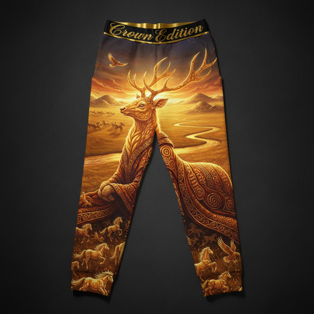 TITAN Scythian Amazon Deer Women's Lounge Pants Crown Edition — deer in Scythian Amazon robes anime art on matte black