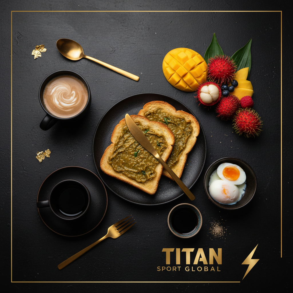 TITAN Singaporean Kaya Toast Egg Breakfast flat lay dark luxury