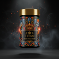 TITAN Iron plus Vitamin C Capsules container with iron ore crystals, citrus blossoms and crown tattoo-style Crown Edition artwork in steel blue, electric orange and gold