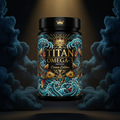 TITAN Omega-3 Fish Oil Softgels container with ocean waves, koi fish and crown tattoo-style Crown Edition artwork in deep ocean blue, teal and gold