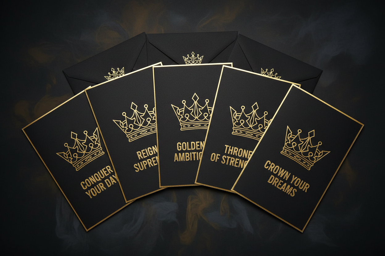 TITAN Motivational Greeting Cards 5-Pack — Black & Gold Crown Edition cards fanned out
