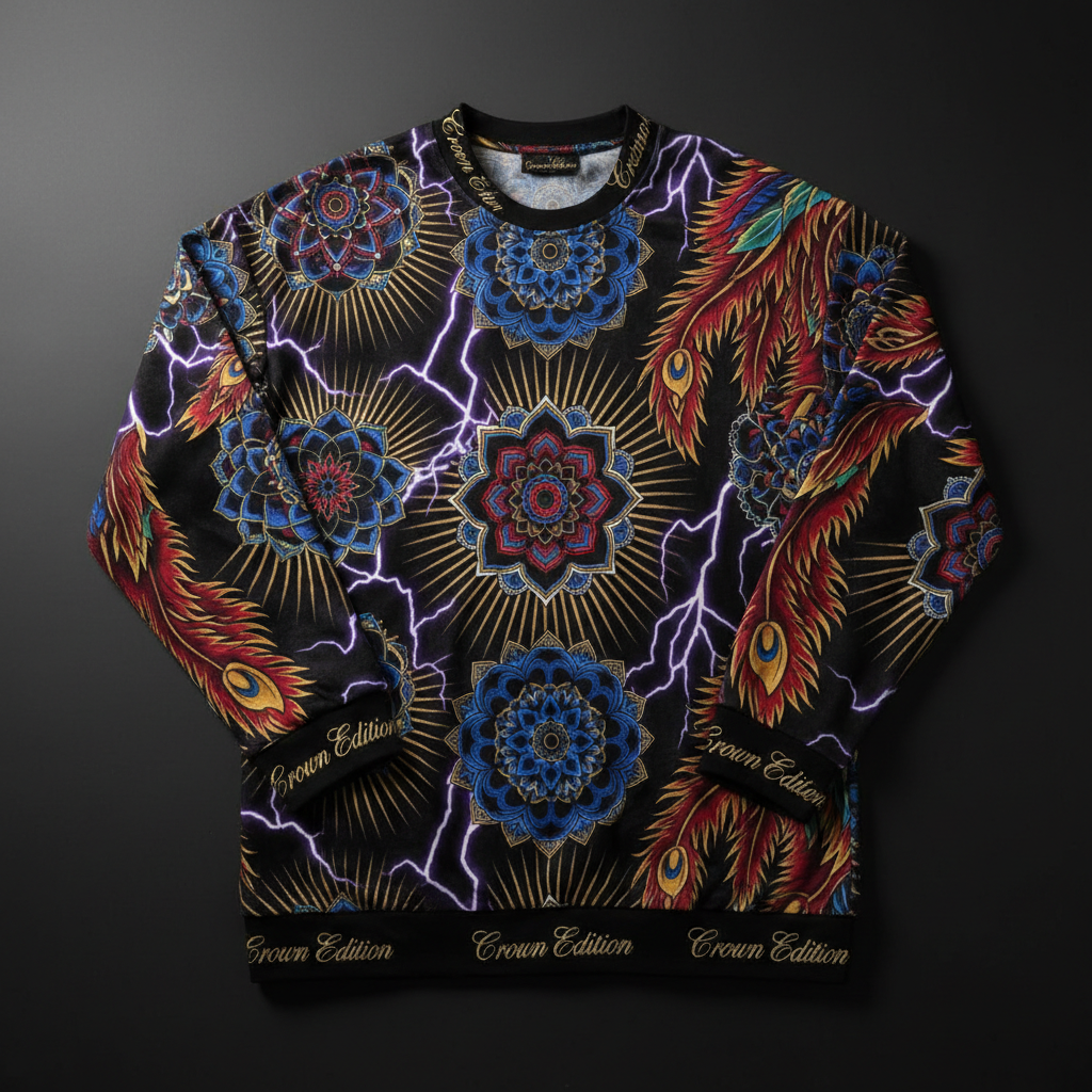 TITAN Crown Edition Tattoo Art Men's Lounge Long Sleeve - bold colorful tattoo artwork on matte black fabric