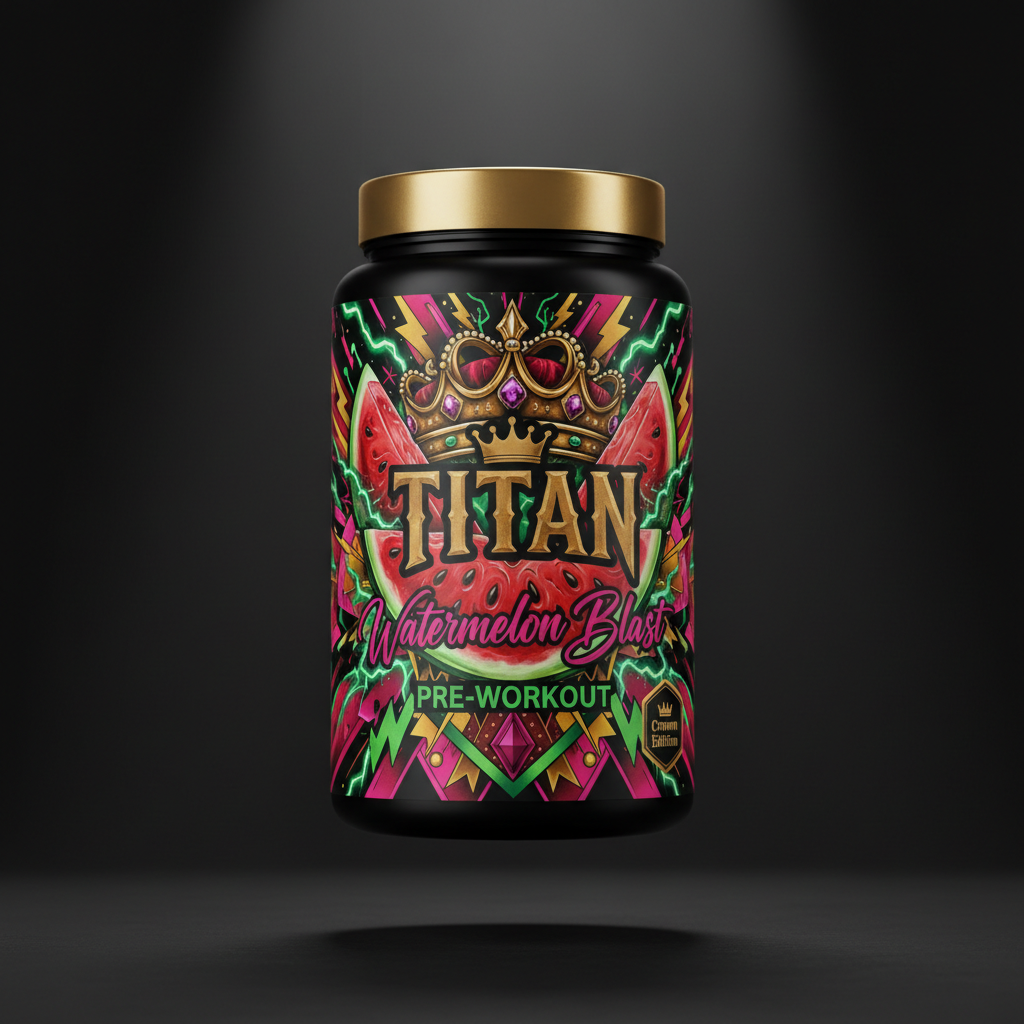 TITAN Pre-Workout Watermelon Blast container with watermelon slices, lightning bolts and crown tattoo-style Crown Edition artwork in hot pink, electric green and gold