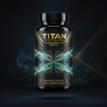 TITAN Taurine Amino Acid Complex black glass bottle with 24K gold accents and electric muscle fiber contraction artwork in ocean blue, aqua and gold