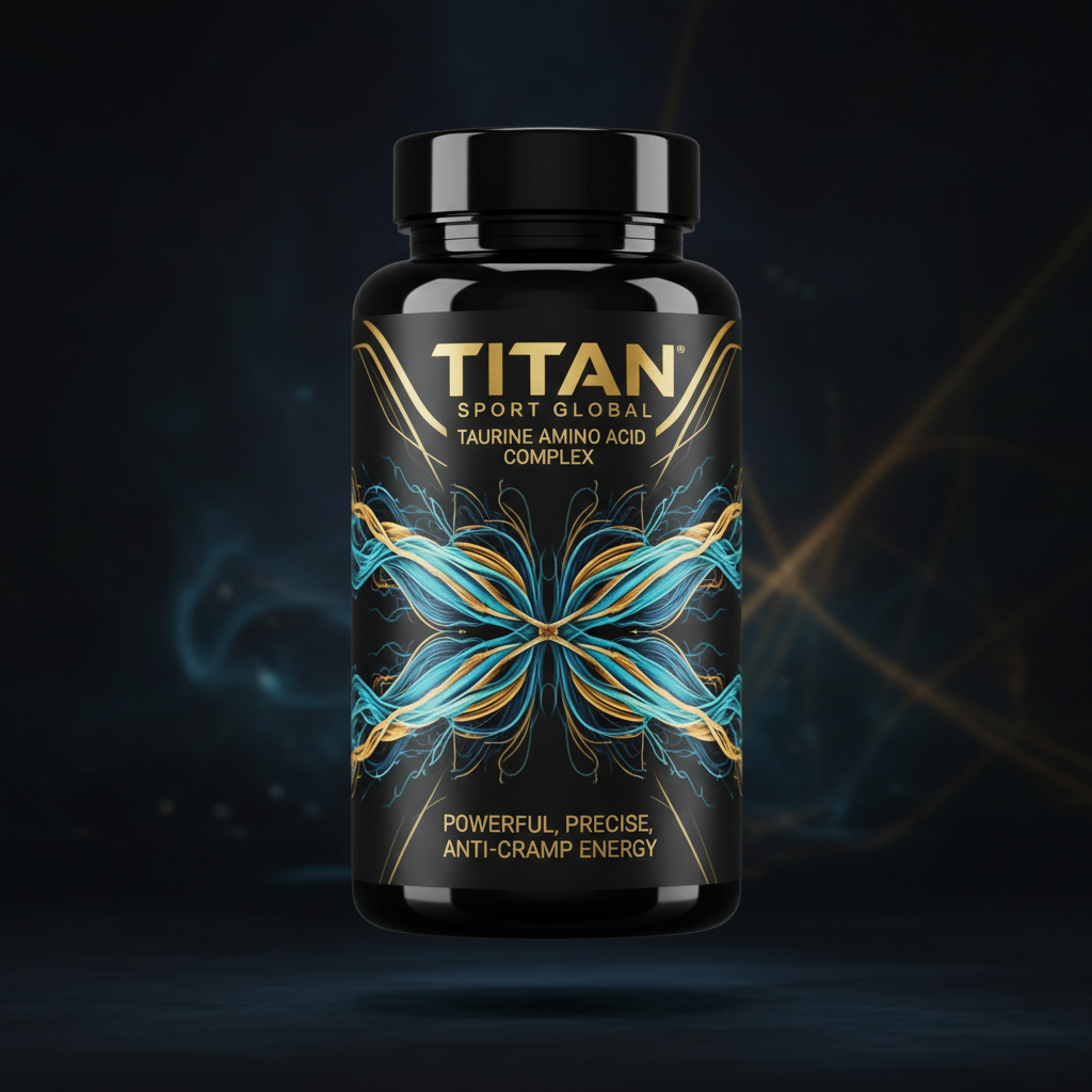 TITAN Taurine Amino Acid Complex black glass bottle with 24K gold accents and electric muscle fiber contraction artwork in ocean blue, aqua and gold