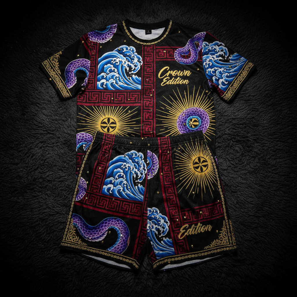 TITAN Crown Edition Tattoo Art Men's Summer Lounge Matching Set - bold colorful tattoo artwork on matte black fabric