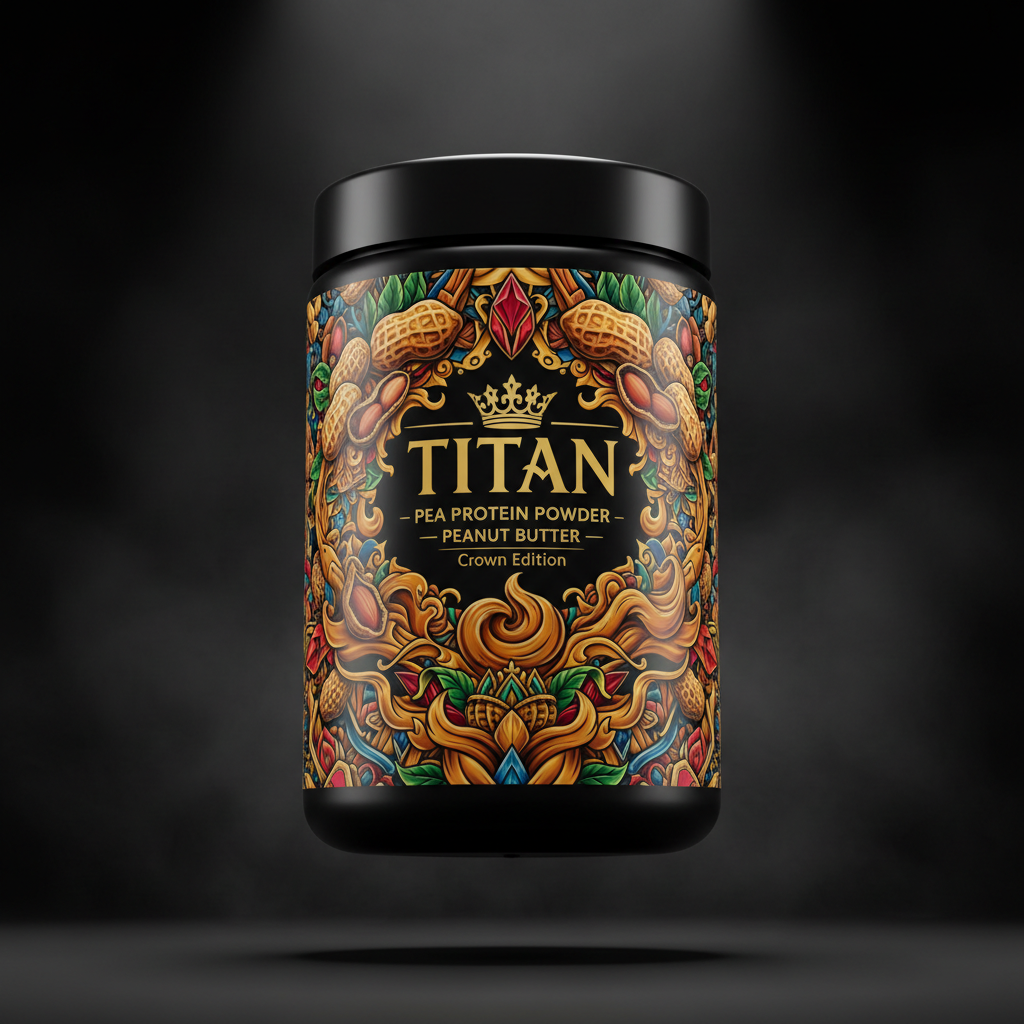 TITAN Pea Protein Powder — Peanut Butter, Crown Edition tattoo-style artwork