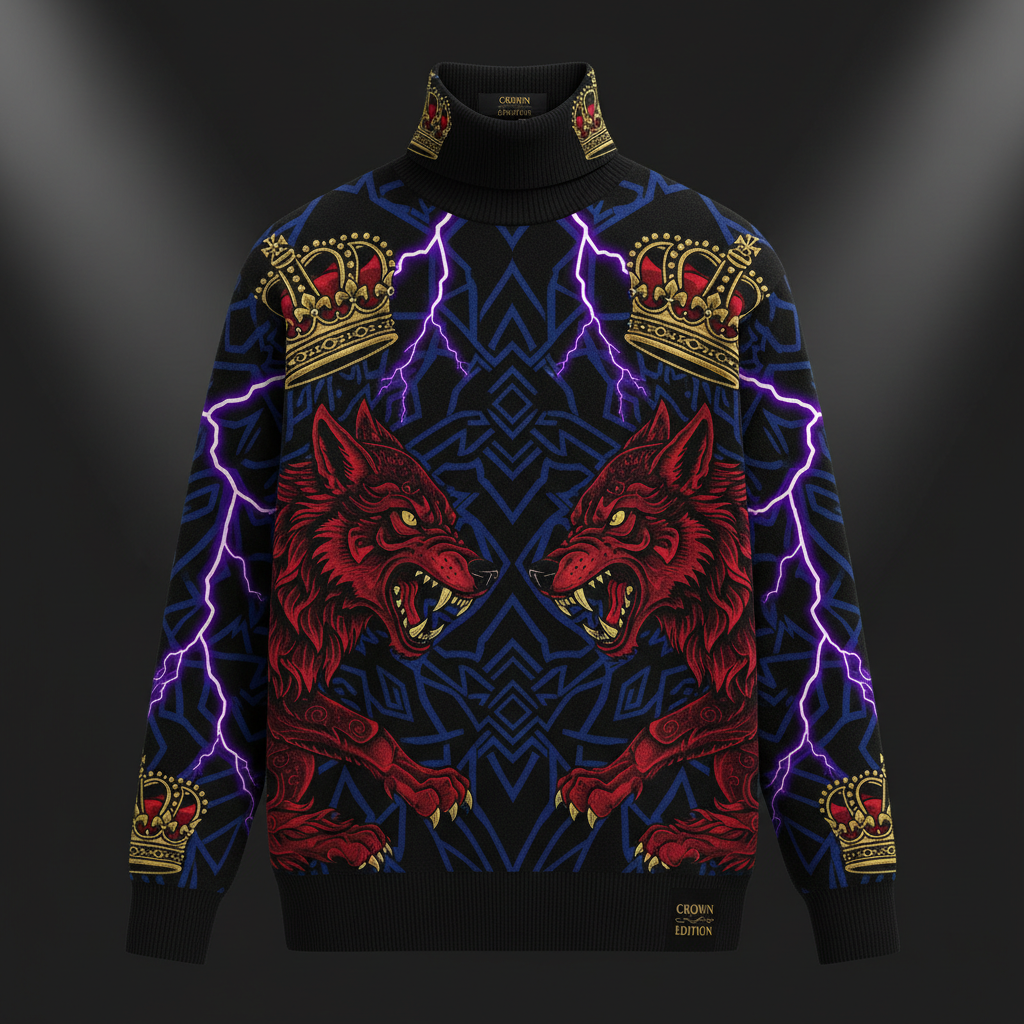 TITAN Crown Edition Tattoo Art Men's Lounge Turtleneck Sweater - bold colorful tattoo artwork on matte black knit fabric
