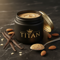 TITAN Almond Butter Vanilla Bean Crown Edition — premium wide-mouth black glass jar product shot