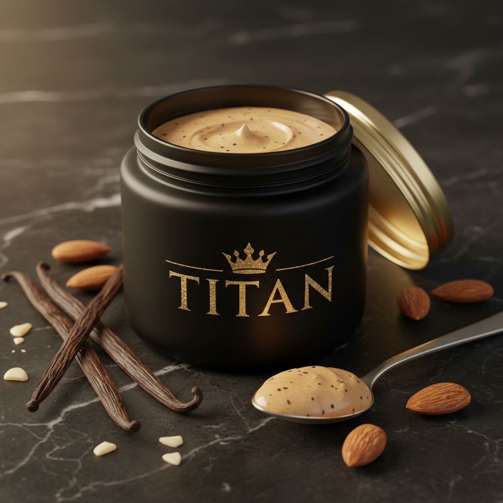 TITAN Almond Butter Vanilla Bean Crown Edition — premium wide-mouth black glass jar product shot