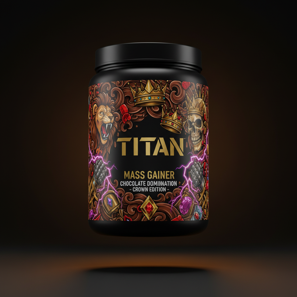 TITAN Mass Gainer Chocolate Domination - Crown Edition tattoo-style artwork