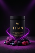 TITAN Acai Protein Powder Berry Blast — bold acai bowl-inspired canister with deep purple acai clusters, mixed dark berries and midnight violet-purple lighting