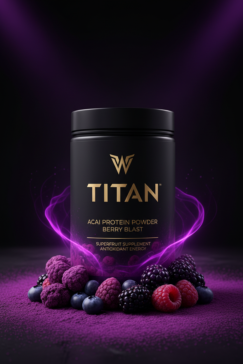 TITAN Acai Protein Powder Berry Blast — bold acai bowl-inspired canister with deep purple acai clusters, mixed dark berries and midnight violet-purple lighting