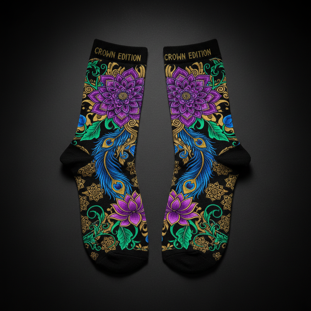 TITAN Crown Edition Tattoo Art Grip Socks - bold colorful tattoo artwork on matte black fabric