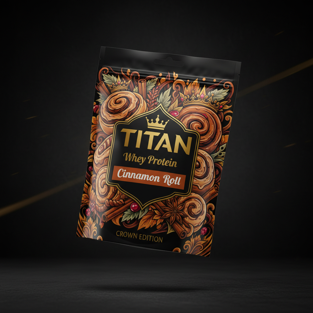 TITAN Whey Protein Cinnamon Roll - Crown Edition tattoo-style artwork