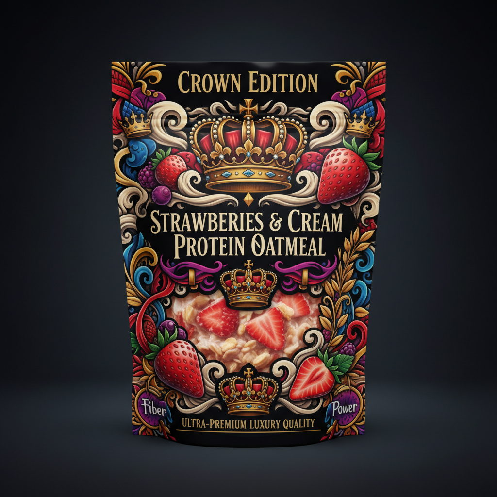 TITAN Protein Oatmeal Strawberries & Cream — Crown Edition bold tattoo-style artwork