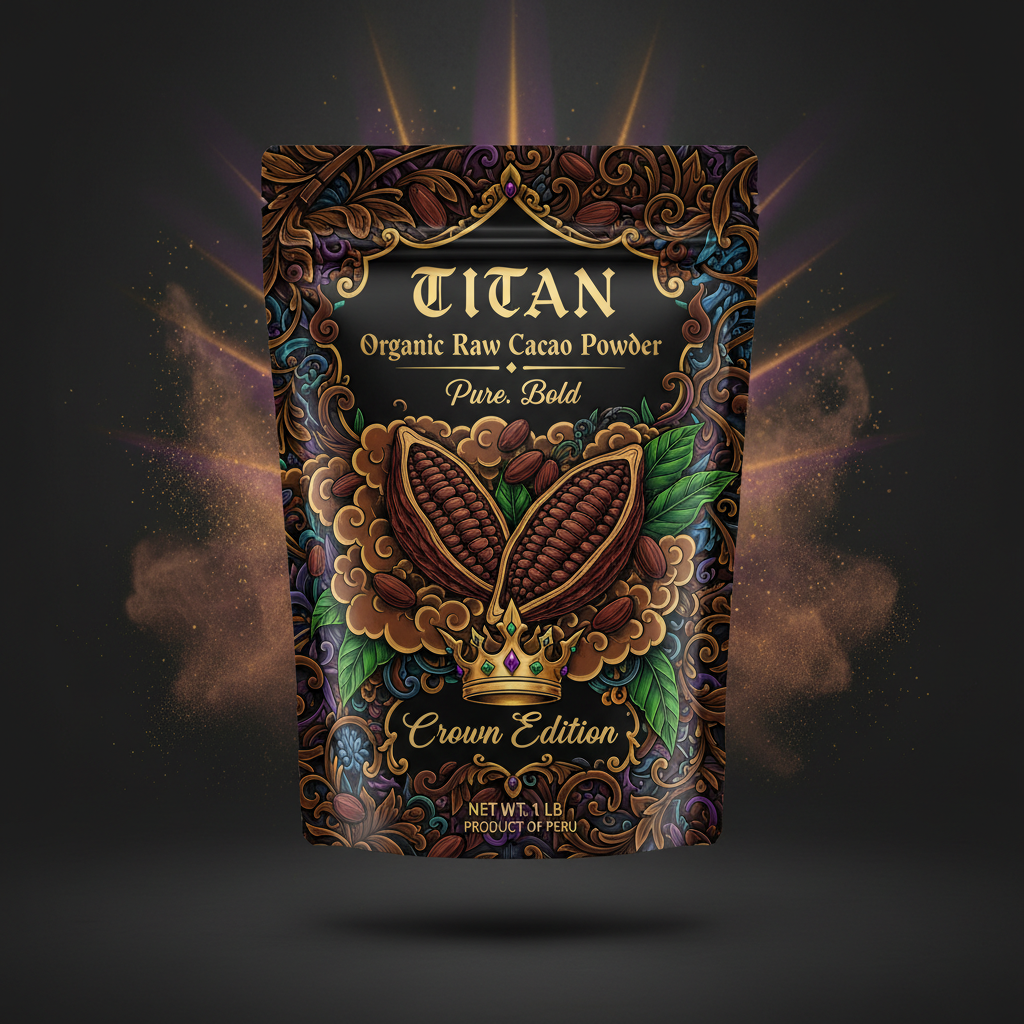 TITAN Organic Raw Cacao Powder — Pure, Crown Edition tattoo-style artwork