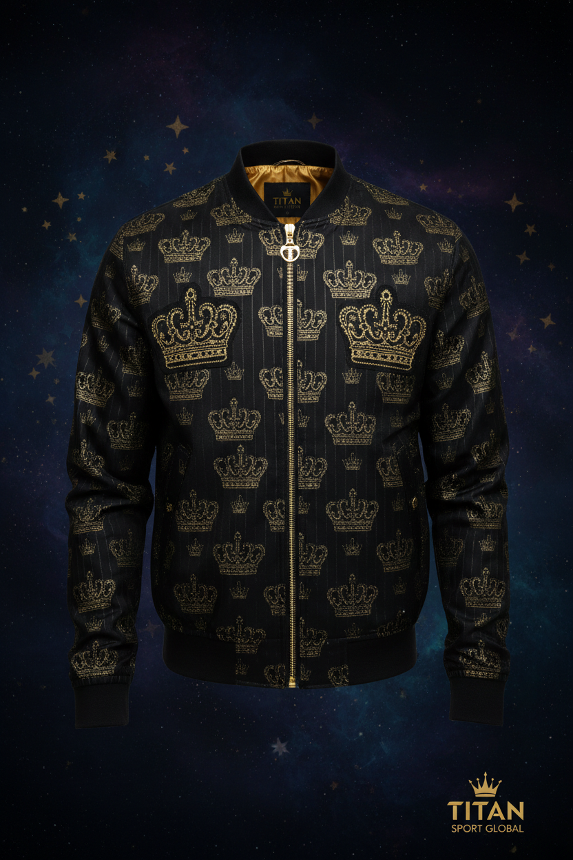 TITAN Men's Midnight Gold Crown Bomber Jacket flat lay Prestige SWAG Edition