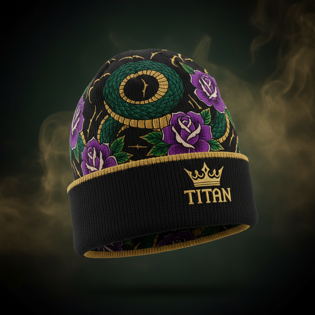 TITAN Elite Beanie Black & Gold — Mystical Serpent & Rose Edition