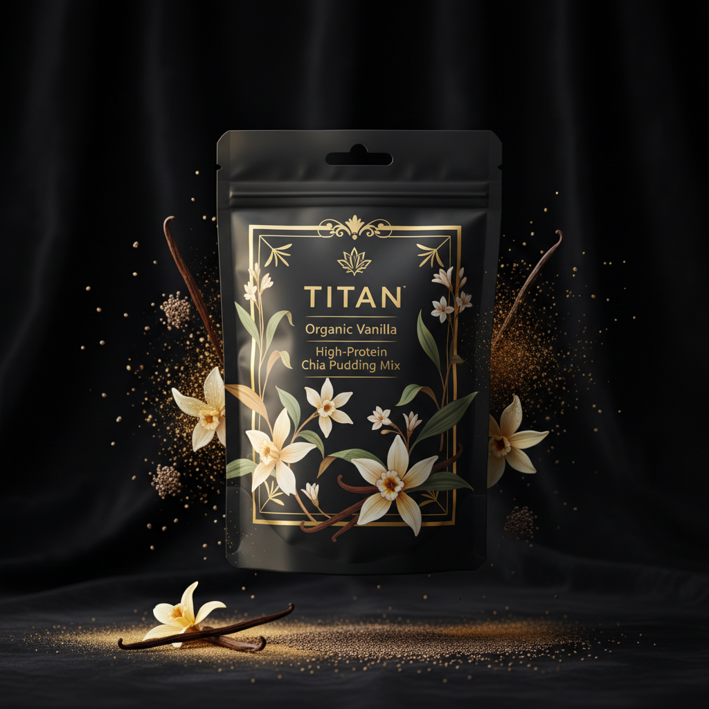 TITAN Organic High-Protein Chia Pudding Mix Vanilla — ultra-premium luxury editorial product shot
