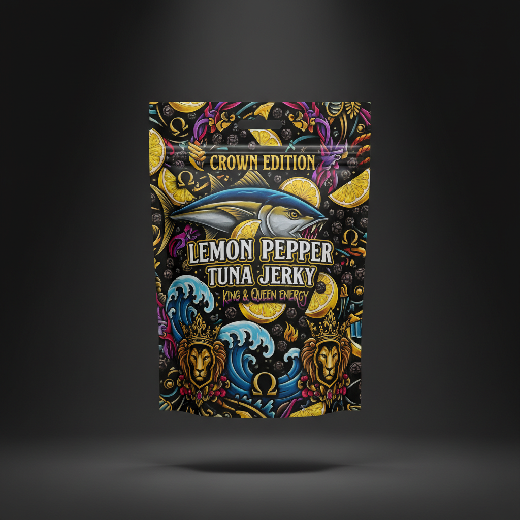 TITAN Protein Fish Jerky Lemon Pepper Tuna — Crown Edition bold tattoo-style artwork